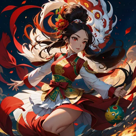 1girl, liuyun, fire ball, long hair, floating hair, hair flower, eastern dragon, red and white, upper body, looking at viewer,