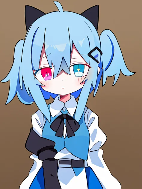 Ogasa, Colorful eyes, Heterochromia, Juliet sleeves, Pink eyes, White shirt, Blue hair, Blue vest, Blue eyes