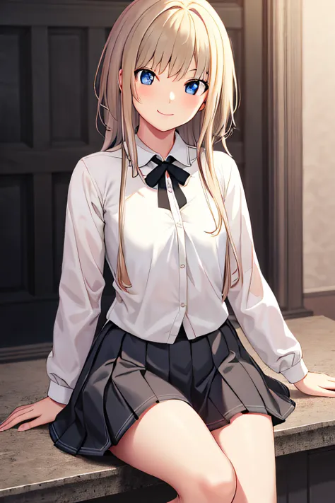 masterpiece, best quality, high resolution, kr1, blue eyes, smile,bangs, white shirt, black skirt, sitting, pleated skirt, socks...