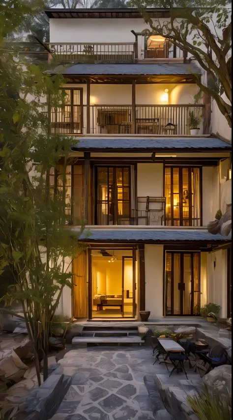 The lush environment is wrapped in an ancient style homestay with Yunnan characteristics, surrounded by mist, and the main perspective falls in the courtyard of the homestay, with stone arch bridges, flowers and plants. The room on the second floor is lit ...