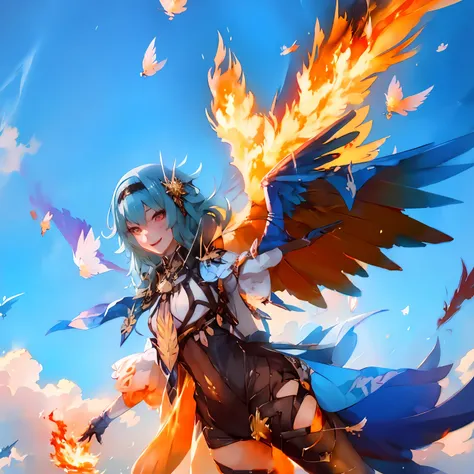 anime girl with red hair and wings flying in the sky, with fiery golden wings of flame, with fiery golden wings, inspired by kre...