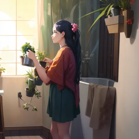 there is a woman standing in a bathroom holding a potted plant, beautiful digital illustration, inspired by loish, loish art style, lofi girl, artwork in the style of guweiz, inspired by Atey Ghailan, lofi art, loish |, lofi portrait at a window, lofi port...