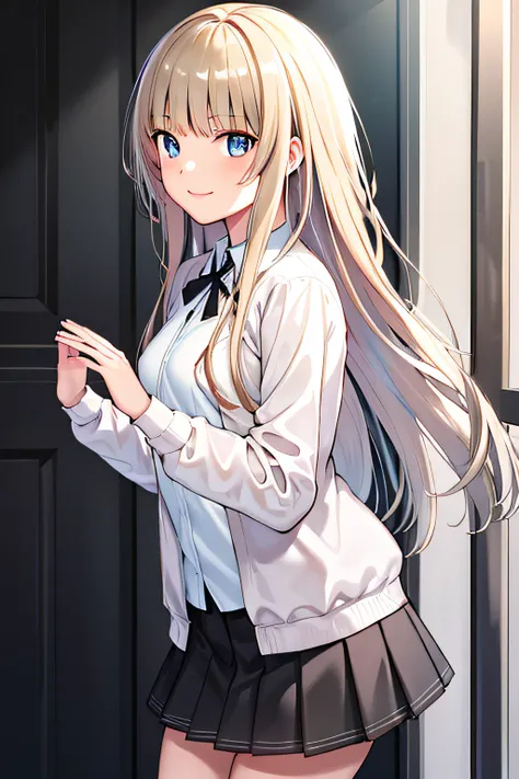 masterpiece, best quality, high resolution, KR1, blue eyes, smile,bangs, white shirt, black skirt, standing with open hands, pleated skirt, socks, small tits, blonde, cowboy shot,