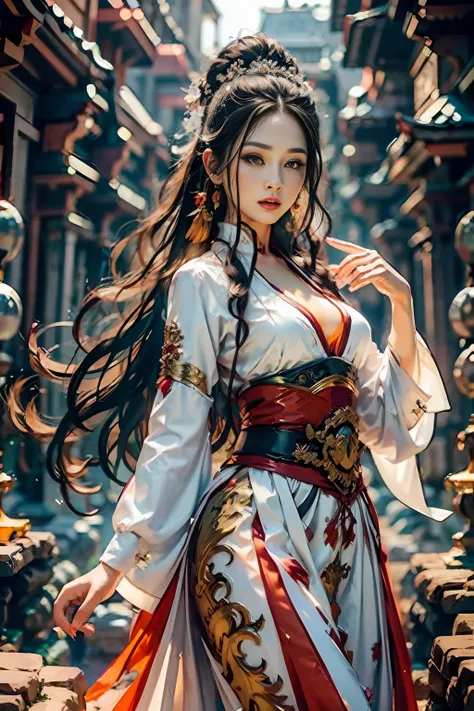 Best quality,masterpiece,ultra high res,(photorealistic:1.4),xiuxian,weapon,Detailed face,.1girl,solo,weapon,cleavage,(magic circle:1.2),xiuxian,upper body,Beautiful girl,full body,east asian architecture,sheath,architecture,.