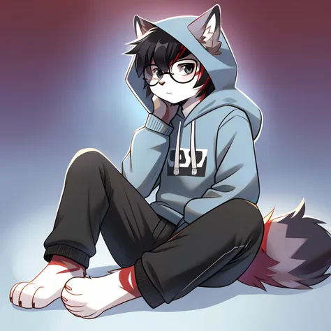 furry, black-eyed, soloist, hairy male, minor, full body fur, fluffy fur, white paws, blue-white fur, dark blue sweatshirt, blac...