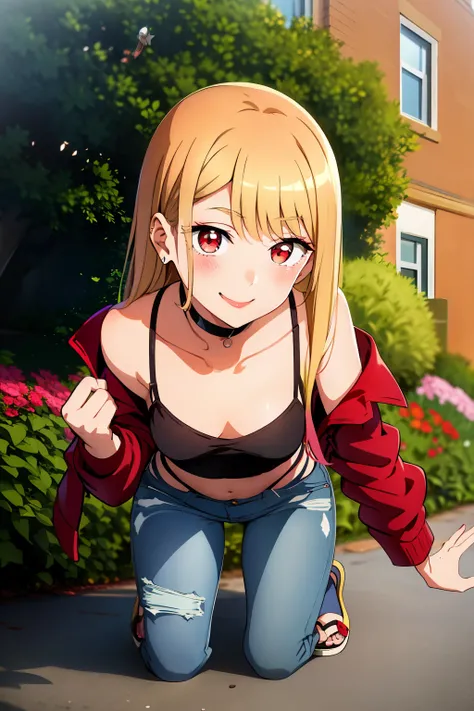 kitagawa marin, kitabkn, kneeling on futon, floating hair, blushed, lewd smile, masterpiece, best quality, highly detailed, (Detailed scenery in background: street sidewalk, garden, houses), low jeans, open braggado, red tank top, jacket off shoulder, chok...
