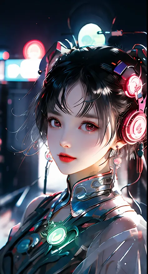 1 girl, Chinese_clothes, liquid silver and pink, cyberhan, cheongsam, cyberpunk city, dynamic pose, glowing headphones, glowing hair accessories, long hair, glowing earrings, glowing necklace, cyberpunk, high-tech city, full of mechanical and futuristic el...