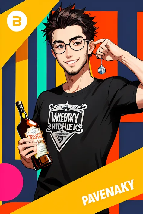 pop art, 1 man, black t-shirt, robust, friendly and confident smile, clinking glasses with a bottle of whiskey, neon palette