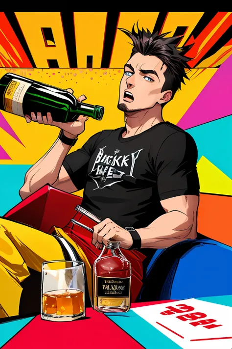 pop art, 1 man, black t-shirt, bottle of whiskey bart, panic, overturned wine glass, neon palette