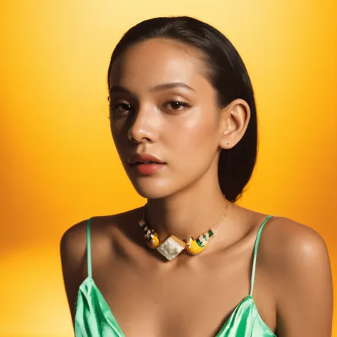 there is a woman wearing a green dress and a necklace, editorial model, editorial portrait, inspired by bert stern, editorial im...