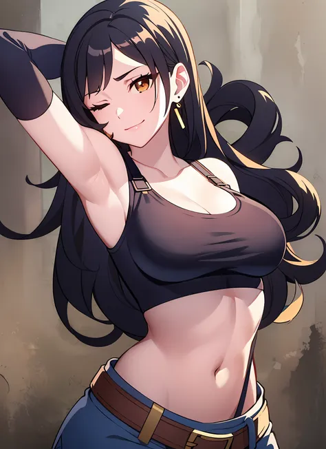 lwa tifa lockhart, 1girl, thick lips, arm up, armpits, artist name, belt, black hair, breasts, brown eyes, cleavage, closed mout...