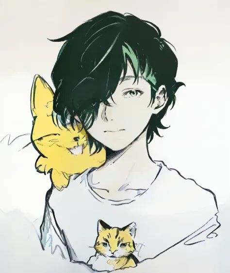 a cartoon picture of a man with green hair and a cat, in an anime style, in anime style, 2 d anime style, as an anime character,...