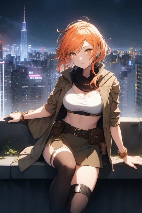 orange eyes light,richly faded light orange hair, anime 1girl, no skirt, brown military boots, pouch on the waist belt, khaki bi...