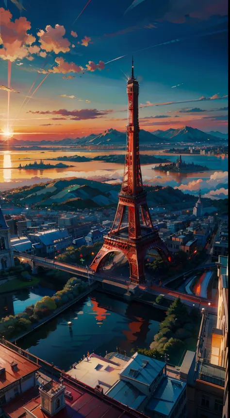 Masterpiece, best quality, sky, sun, clouds, Eiffel Tower, city complex, mountains, rivers, vistas