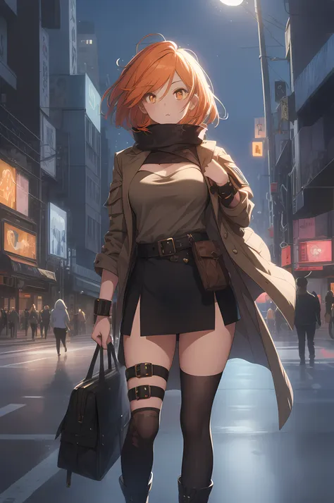 orange eyes light,richly faded light orange hair, anime 1girl, no skirt, brown military boots, pouch on the waist belt, khaki bi...