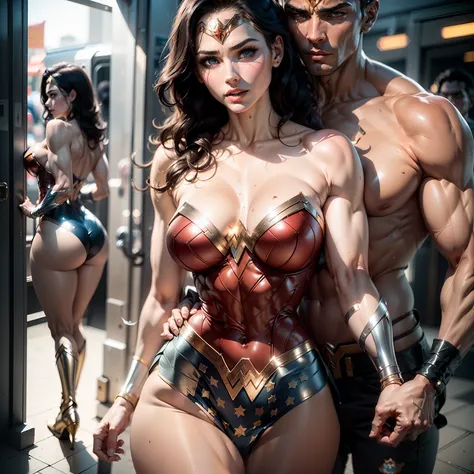 sfw, masterpiece, very crowded subway train interior detailed scenario, standing hot wonder woman (woman 1) in wonder woman cost...