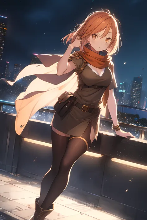 orange eyes light,richly faded light orange hair, anime 1girl, no skirt, brown military boots, pouch on the waist belt, khaki bi...