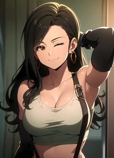 promisedneverland tifa lockhart, 1girl, thick lips, arm up, armpits, artist name, belt, black hair, breasts, brown eyes, cleavag...