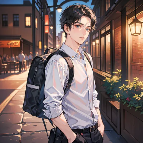 (handsome man: 1.4), wearing a white shirt, short black hair, delicate face, fair skin, backpack (at the entrance of the barbecu...