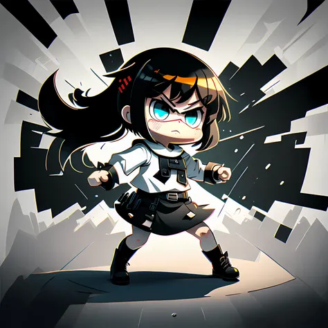 De Stijl, simple chibi, bold lines, simple clothing, girl, black and white style thick line, white background, minimal vector style, angry movement, -not shadow:: 2 manga: 4 - -s 400 --auto