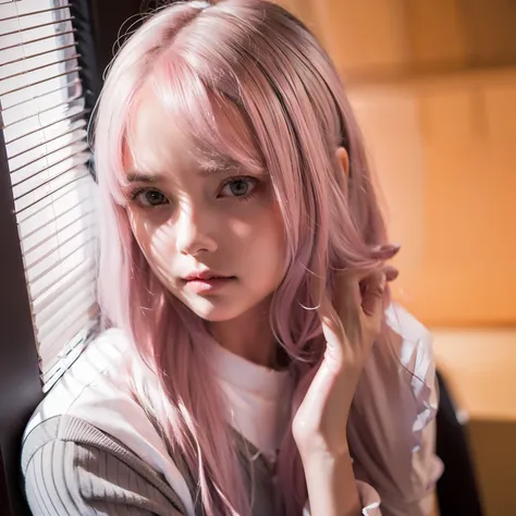 sks, high quality, looking at the camera, a girl, pink hair