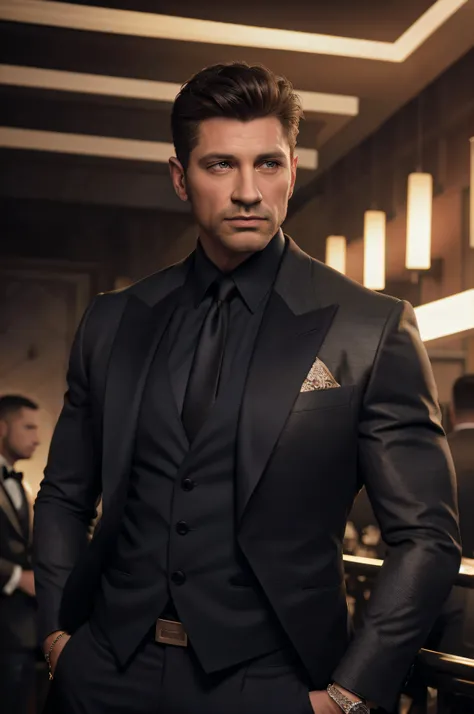 Realistic (muscular man: 1.1) mob boss, with an intricate elegant black suite, portrait, short hair, profiled beard, jewelry, in a nightclub, spot scene lighting, detailed background, intricate details, (illustration), masterpiece, high resolution, best qu...