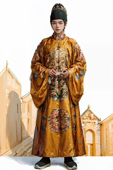 1 man, wearing sneakers , yellow dragon_gown, masterpiece, best quality, realistic, forbidden city background, realistic costume...