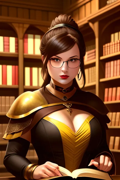(masterpiece), (ultra detail), 1girl, A thick young woman with a short brown ponytail is studying a book in a magic shop, glasses, dark eyeliner, black eye shadow, clear lipstick, brown eyes, yellow wench costume, interior, medieval, fantasy, magic, potion...