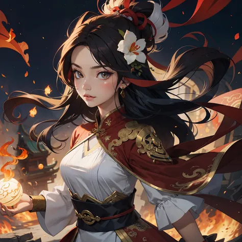 1girl, liuyun, fire ball, long hair, floating hair, hair flower, eastern dragon, red and white, upper body, looking at viewer,