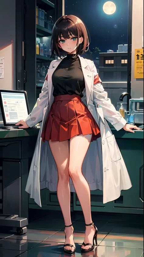 Waifu, masterpiece, breasts, laboratory, 1girl, brown hair, black turtle neck, white lab coat with long sleeves, green eyes, clenched hands, night, sky, skirt, red office skirt, knee-length skirt, tight skirt, high heels, black high heels, clenched hand, r...