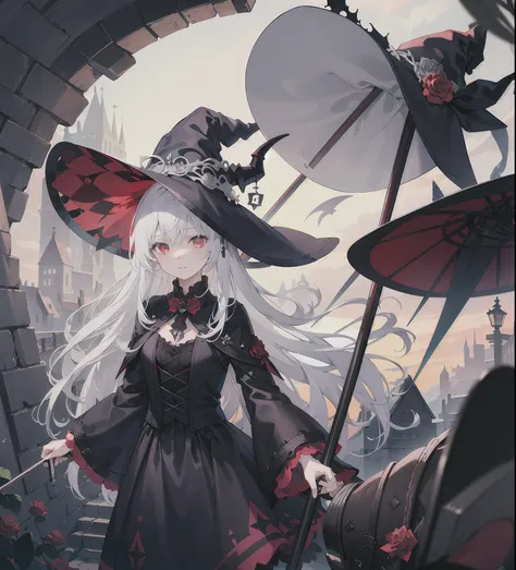 masterpiece, best quality, 1 girl, witch hat, crutches, white hair, red eyes, demon horn, magic, indifference, darkness, blacken...