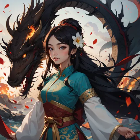 1girl, liuyun, fire ball, long hair, floating hair, hair flower, eastern dragon, red and white, upper body, looking at viewer,