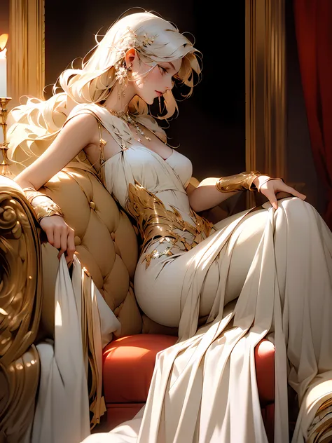 complex 3d render ultra detailed of a beautiful porcelain profile woman android face, absurdres, (((masterpiece))), epic composition, portrait, 1girl, a beautiful woman sits on a velvet couch in a dimly lit room, surrounded by flickering candles. Her long,...