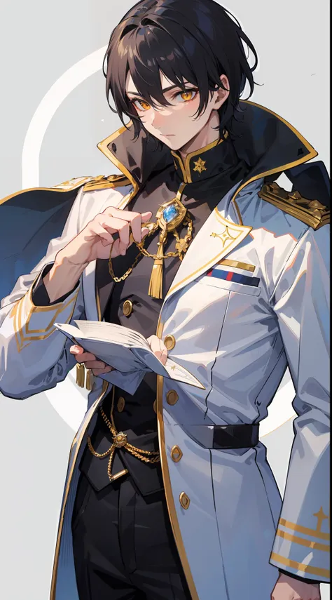 1daddy, sharp black short hair, sharp golden eyes, wear white royal uniform, he is knight of light