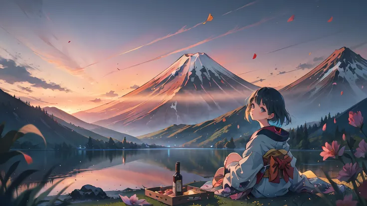 best quality, masterpiece, extremely detailed, detailed background, anime, 1girl, young girl, short girl, hands down, kimono, retro, mount fuji lansdscape, outdoors, sunset, beautiful sky, lake picnic, landscape, scenery, horizon, mountain sitting near mou...