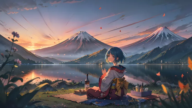 best quality, masterpiece, extremely detailed, detailed background, anime, 1girl, young girl, short girl, hands down, kimono, retro, mount fuji lansdscape, outdoors, sunset, beautiful sky, lake picnic, landscape, scenery, horizon, mountain sitting near mou...