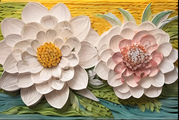 there are two flowers that are on a colorful surface, flowers with intricate detail, paper quilling, intricate artwork, layered ...