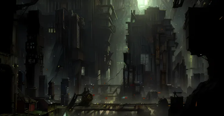 ((best quality)), ((masterpiece)), (very detailed: 1.3), ((view of a huge dystopian sprawling city)), layers of buildings block ...