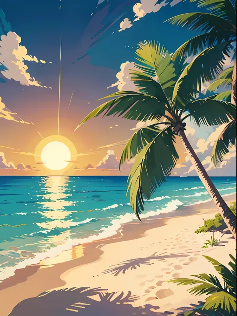 vector graphics, summer, sun, ocean, coconut palms, beach, sand, pure landscape