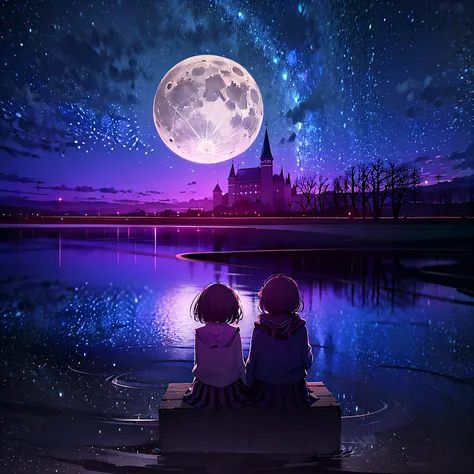 on a dark night, the full moon hangs high in the sky. (in the distance, two girls sit side by side on the prairie). their gaze f...