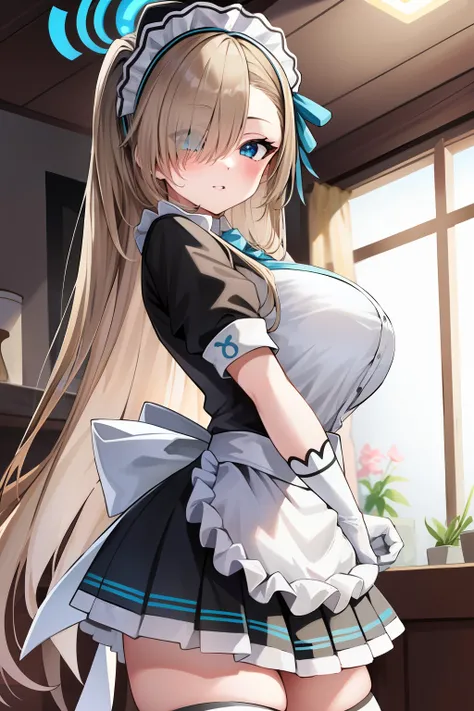 (highres), (absurdres), (best quality), (high quality), (masterpiece), 1girl, asuna, blue eyes, long hair, halo, hair over one eye, very long hair, light brown hair, (large breasts), hair ribbon, maid, maid headdress, apron, frills, frilled apron, puffy sl...