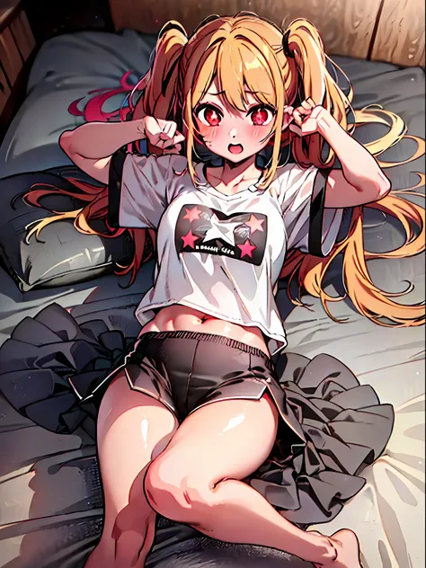 Ruby Hoshino, 1 girl, Solo, Ruby Hoshino, Symbol-shaped pupil, (Left star-shaped pupil:1.5), (Red eye, Left star:1.5), Long hair, Blonde hair, Bangs, Blush, Side ponytail, baggy clothes, side tie panties, barefoot, thighs, girl with only a shirt, baggy shi...