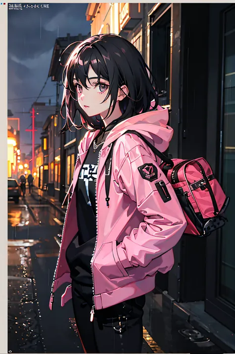 1girl, pink jacket, rain, outdoors, hoodie, open jacket, chain, backpack, looking at another person, messy hair, trends on artstation, 8k resolution, very detailed, anatomically correct, clear images, digital painting, concept art, trends on pixiv, Shinkai...