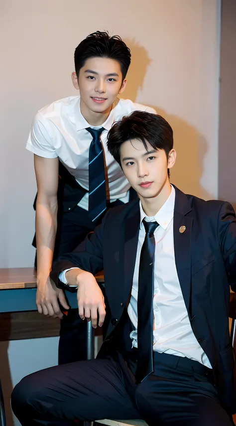 (handsome chinese guy: 1.5), two men lying on classroom desk, realistic photo, wearing formal clothes, textured skin, looking at...