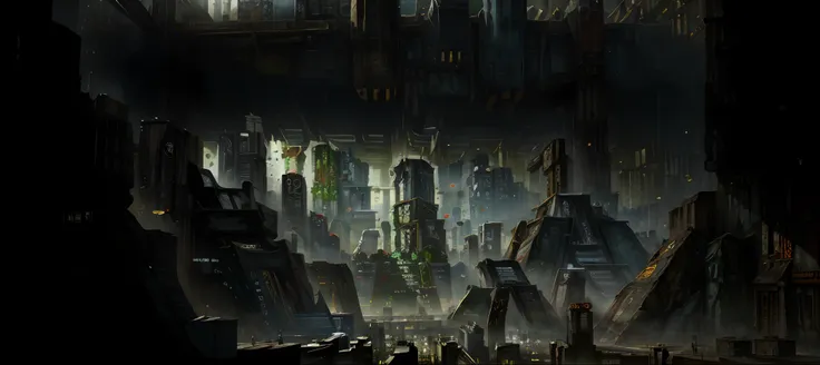 ((best quality)), ((masterpiece)), (very detailed: 1.3), ((view of a huge dystopian sprawling city)), layers of buildings block ...