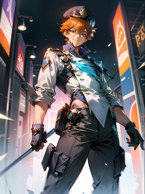 Best Quality, Concept Art, Tatalya, Boy Solo, Lean, Male Focus, Orange Hair, Blue Eyes, Looking to the Audience, Police Uniform, Gentle Smile, Police Hat, Sharp Eyes, Tights, Police Station, Dynamic Pose, Upper Body Composition,