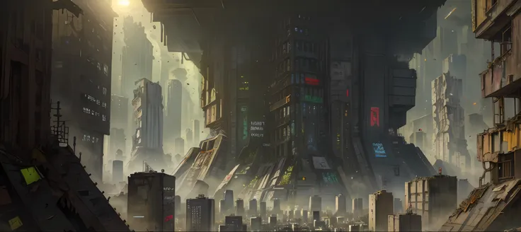 ((best quality)), ((masterpiece)), (very detailed: 1.3), ((view of a huge dystopian sprawling city)), layers of buildings block ...