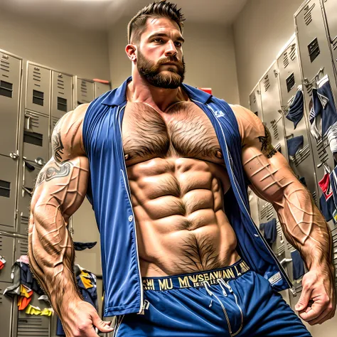 beard, muscle man, athlete, locker room, lifted clothes, abs , belly hair