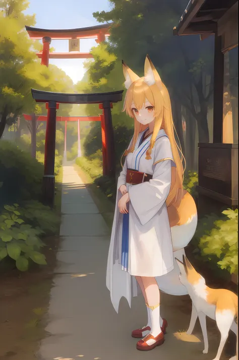 masterpiece, best quality, one girl, priestess uniform, standing in front of the torii gate, looking up, blonde, fox ears, happy,nine-tailed fox,