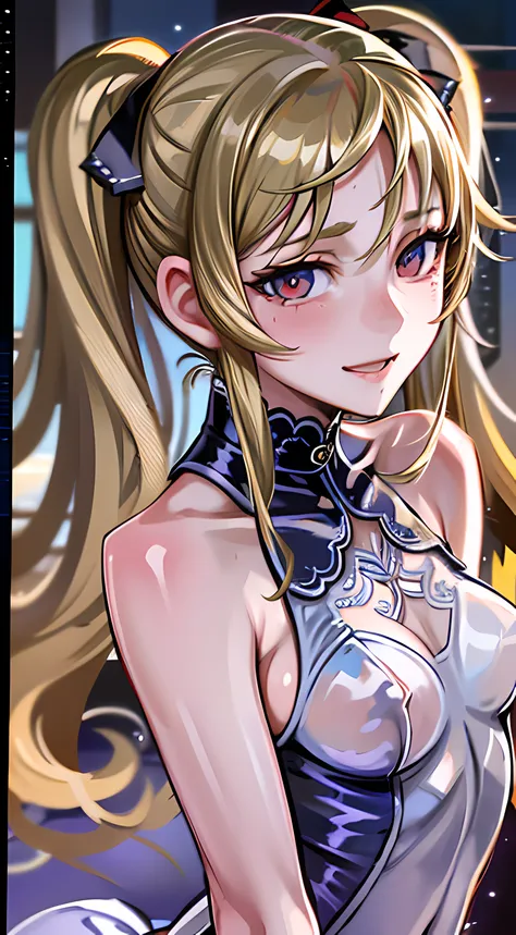 macro lens, uhd, retina, masterpiece, best quality, high definition, 1080p, 16k, solo, 20 years old woman, blond hair, twin tail, sexy, smile, attractive, (small:1.3) breasts, (see-through white leotard:1.2)